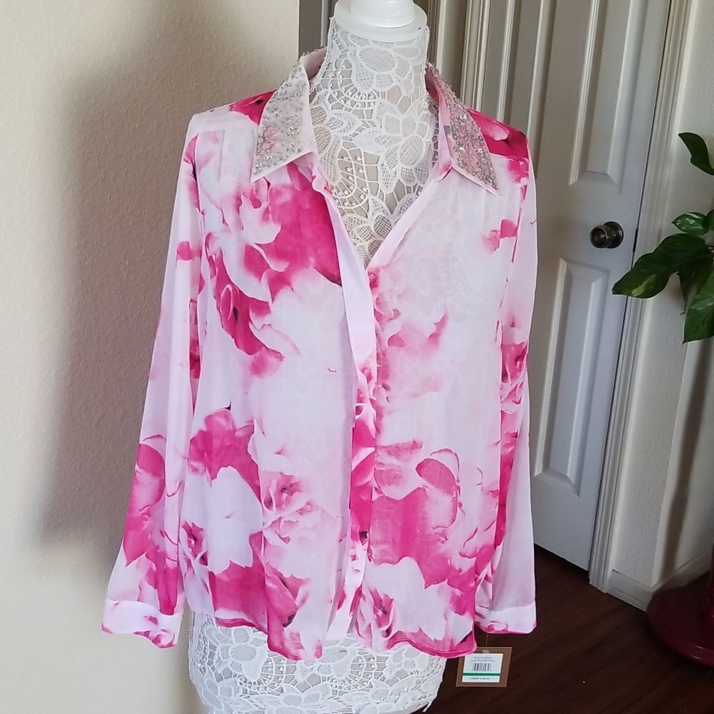 Ellen Tracy Floral and Sequin Collar Blouse Coquettegirl Size Large NEW